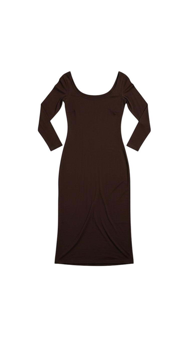 Vestido Maxi Marrón de Manga Larga con Escote Redondo - Estilo Boutique