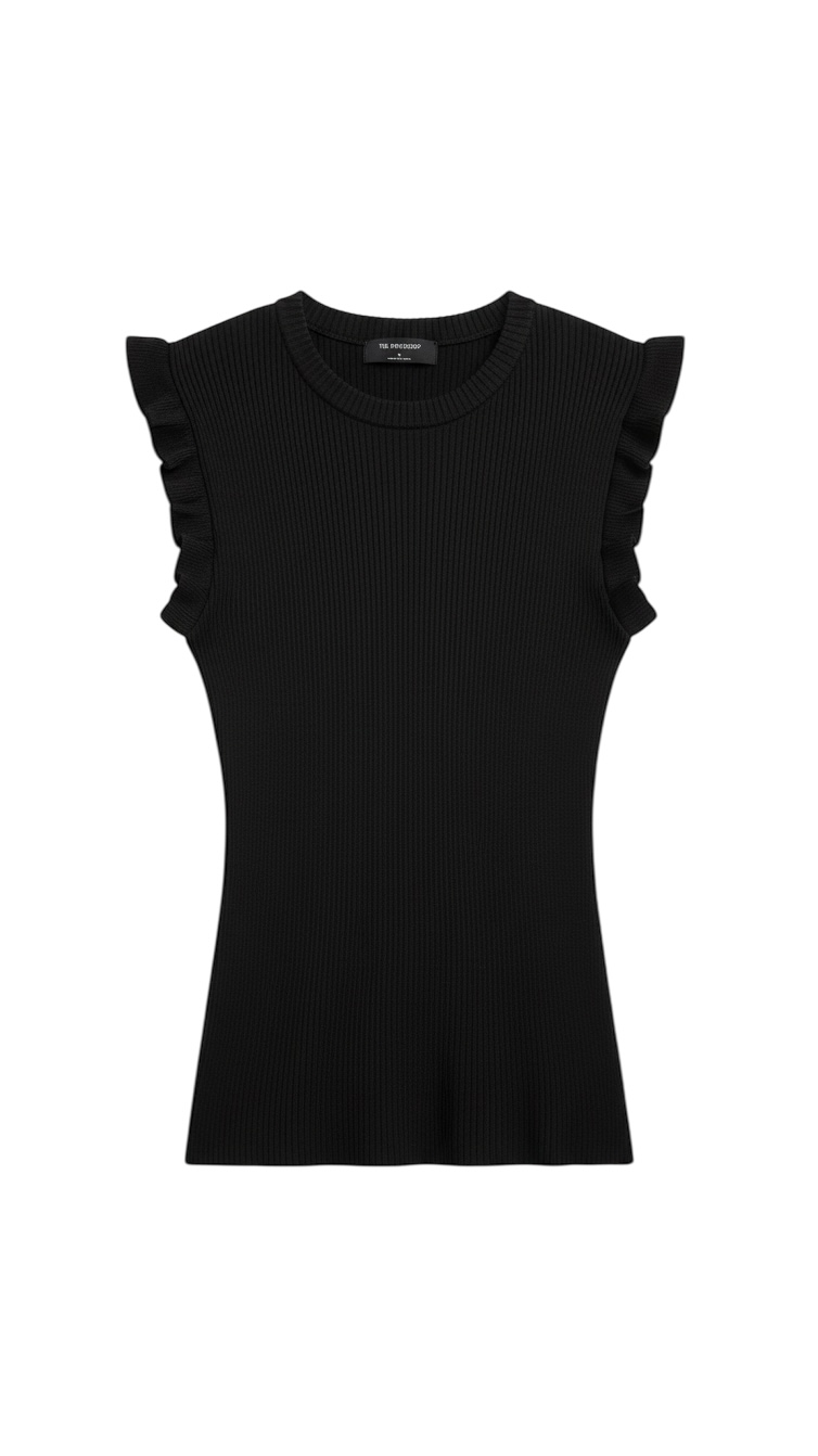 Top Sin Mangas Acanalado Negro con Volantes - Estilo Boutique