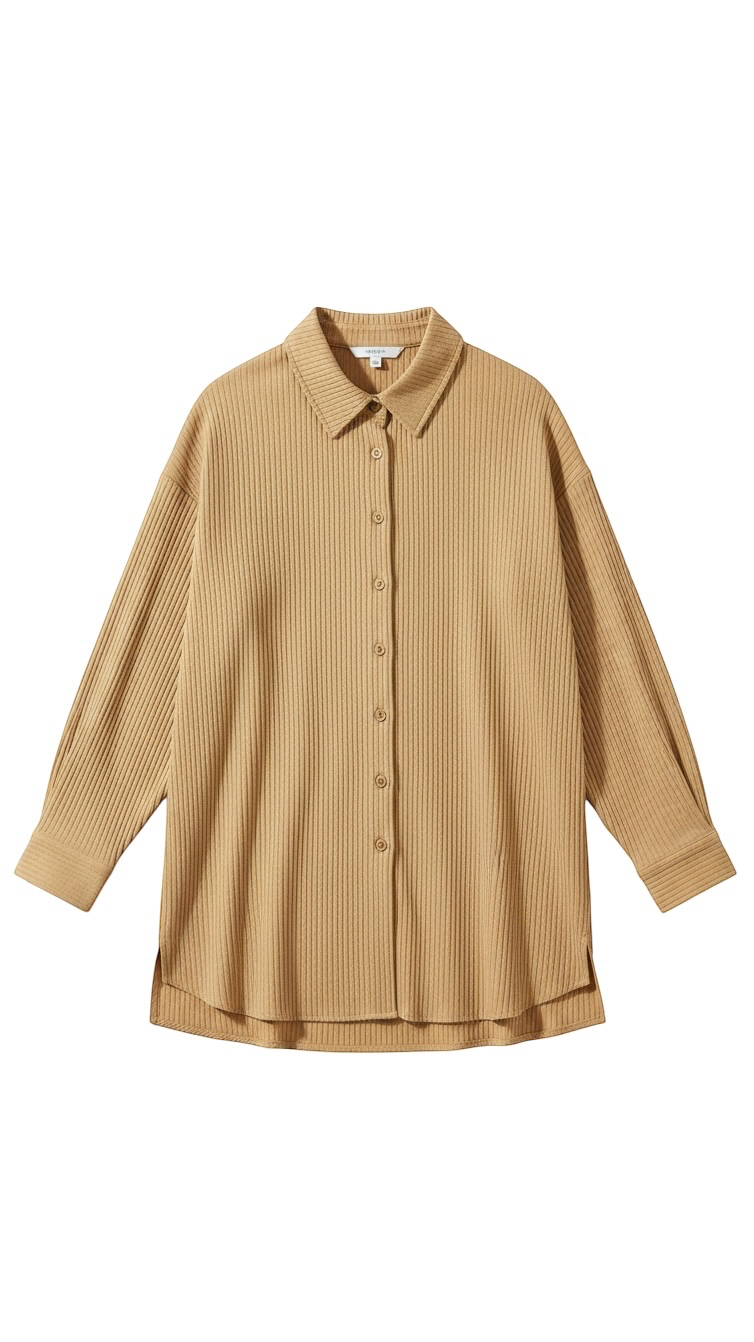 Beige Button-Up Long Sleeve Shirt with Side Slits