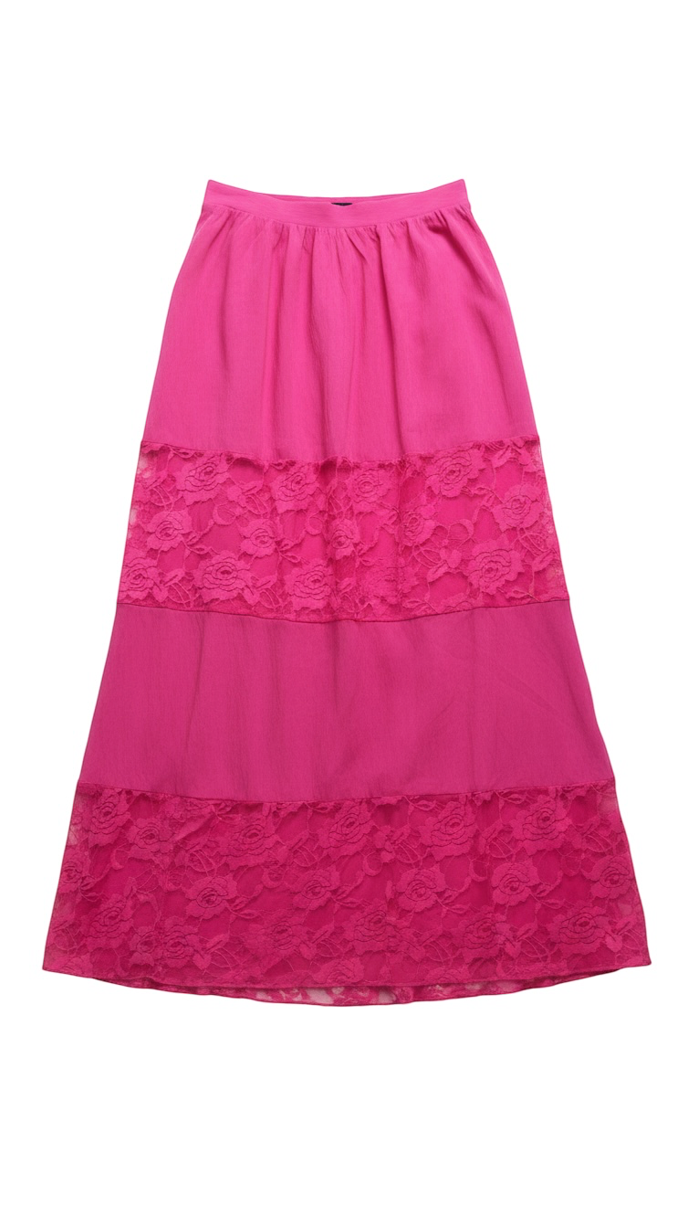 Pink Tiered Maxi Skirt with Lace Detail