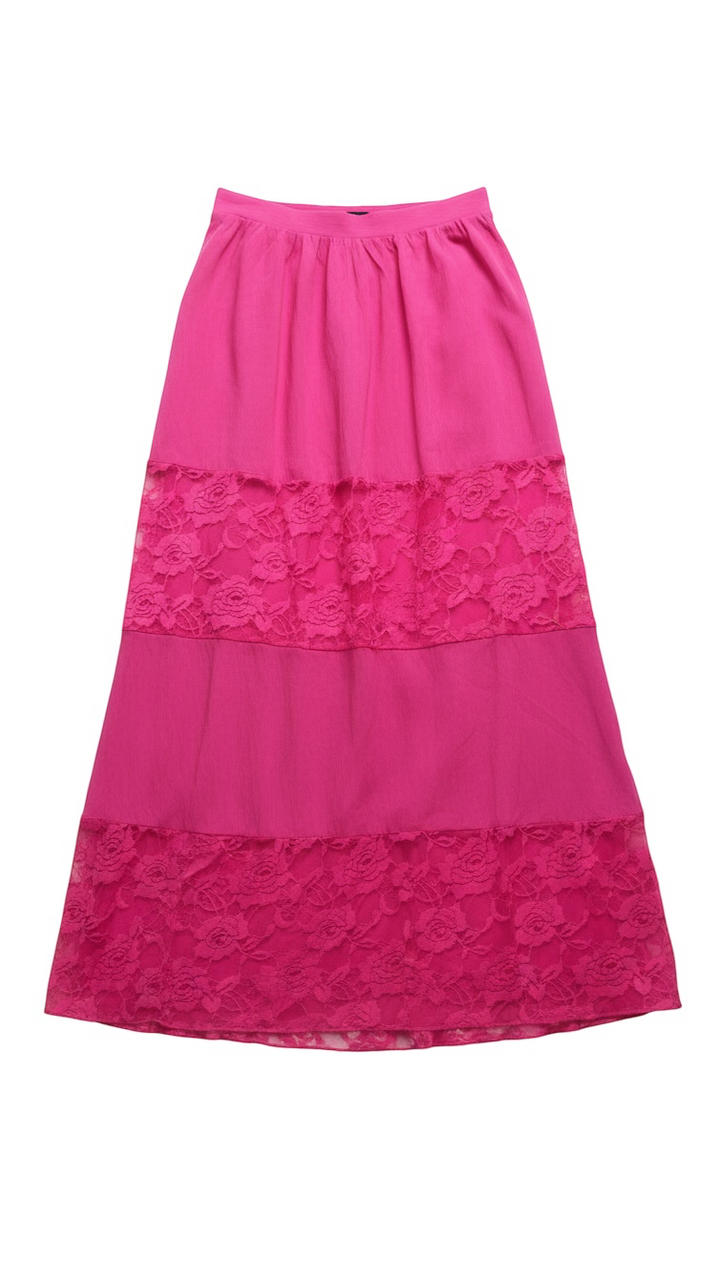 Pink Tiered Maxi Skirt with Lace Detail
