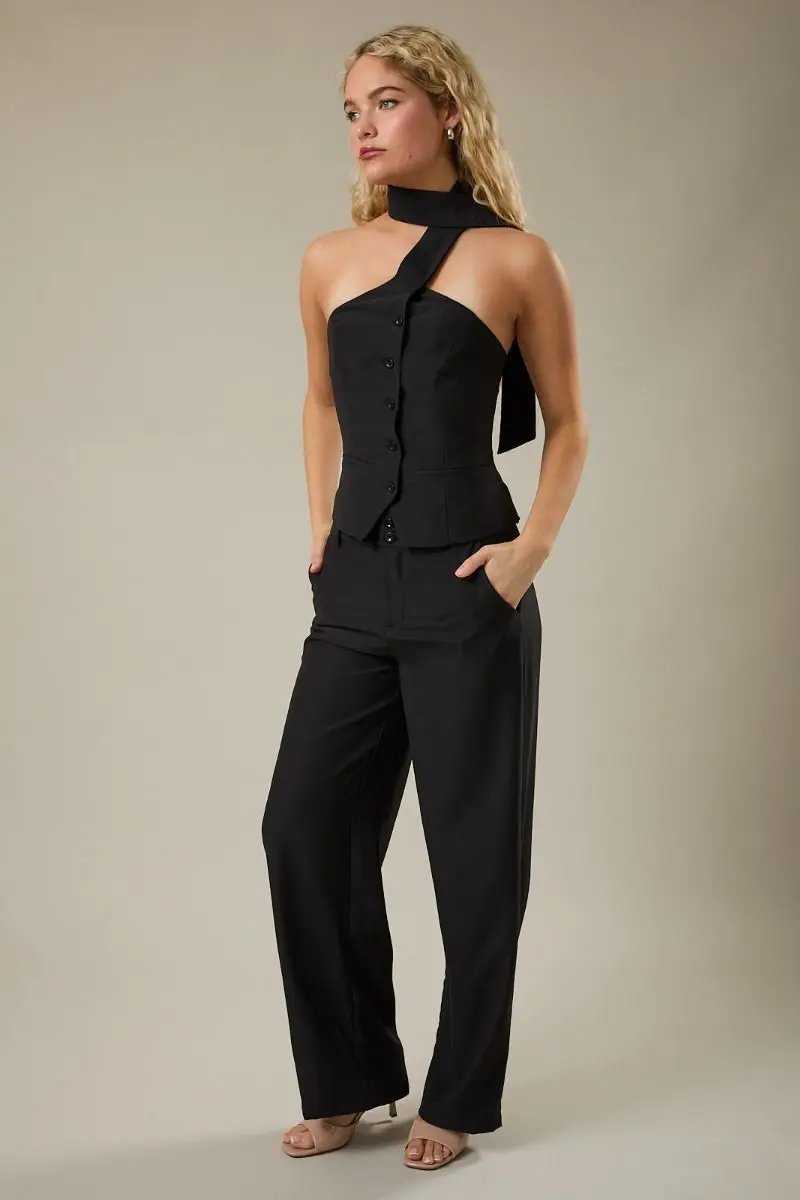 Lelis Black High Scarf Neckline Button Down Top – Halter Vest Style Woven Dressy Top - Tops