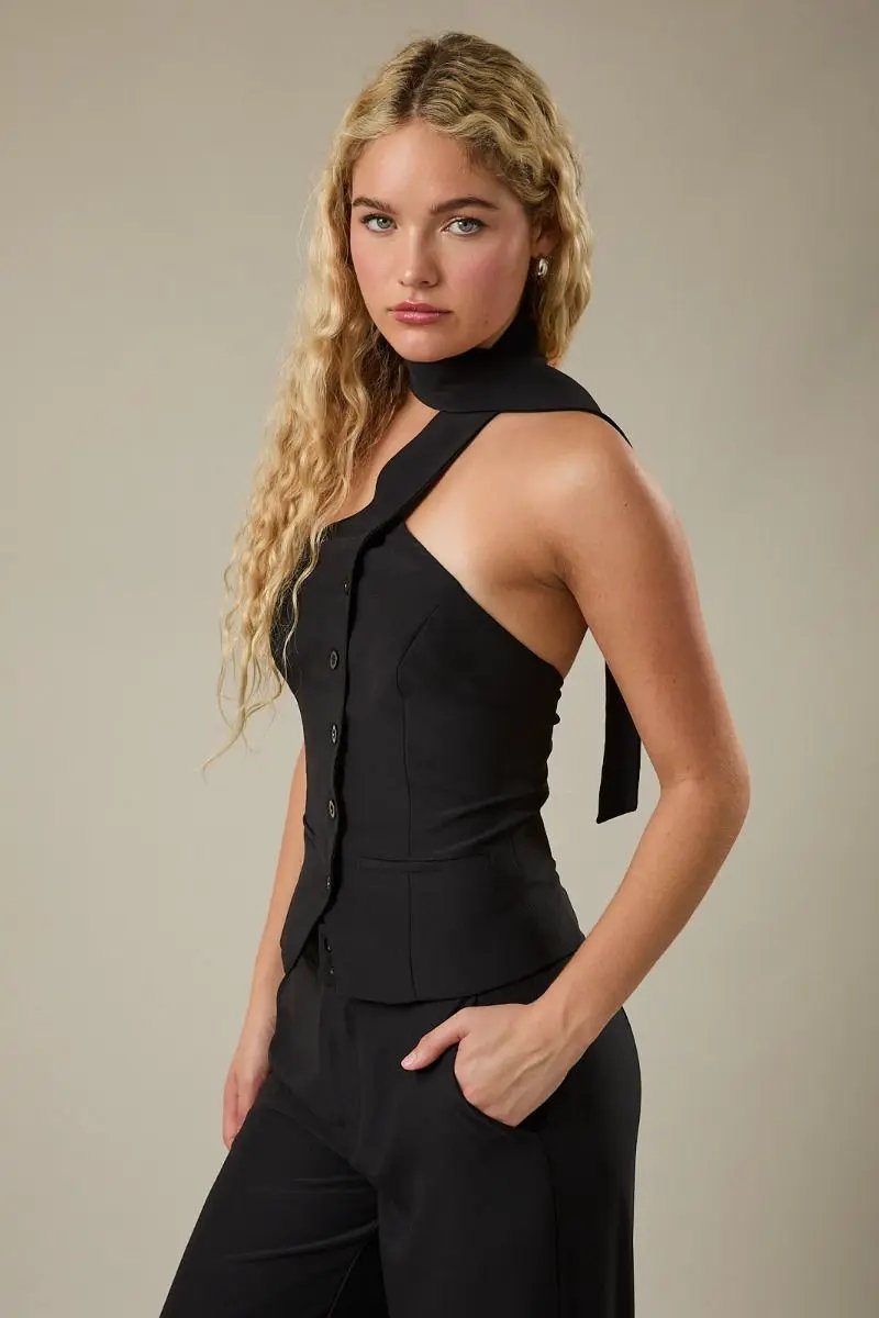 Lelis Black High Scarf Neckline Button Down Top – Halter Vest Style Woven Dressy Top - Tops