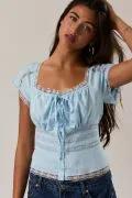 Lelis Light Blue Square Neck Lace Trim Top – Cap Sleeve Linen Blend Button Front Blouse - Tops