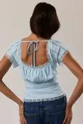 Lelis Light Blue Square Neck Lace Trim Top – Cap Sleeve Linen Blend Button Front Blouse - Tops