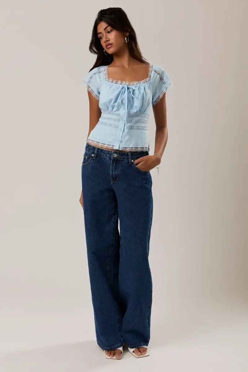 Lelis Light Blue Square Neck Lace Trim Top – Cap Sleeve Linen Blend Button Front Blouse - Tops