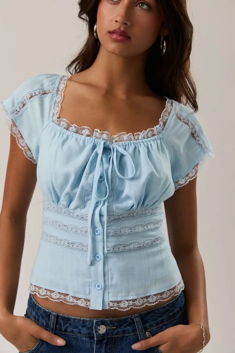 Lelis Light Blue Square Neck Lace Trim Top – Cap Sleeve Linen Blend Button Front Blouse - Tops