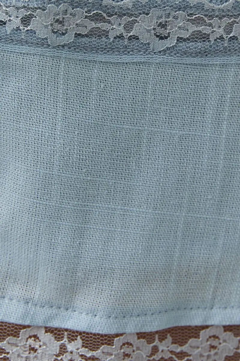 Lelis Light Blue Square Neck Lace Trim Top – Cap Sleeve Linen Blend Button Front Blouse - Tops