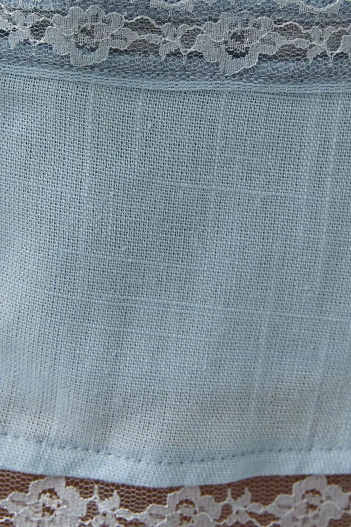 Lelis Light Blue Square Neck Lace Trim Top – Cap Sleeve Linen Blend Button Front Blouse - Tops