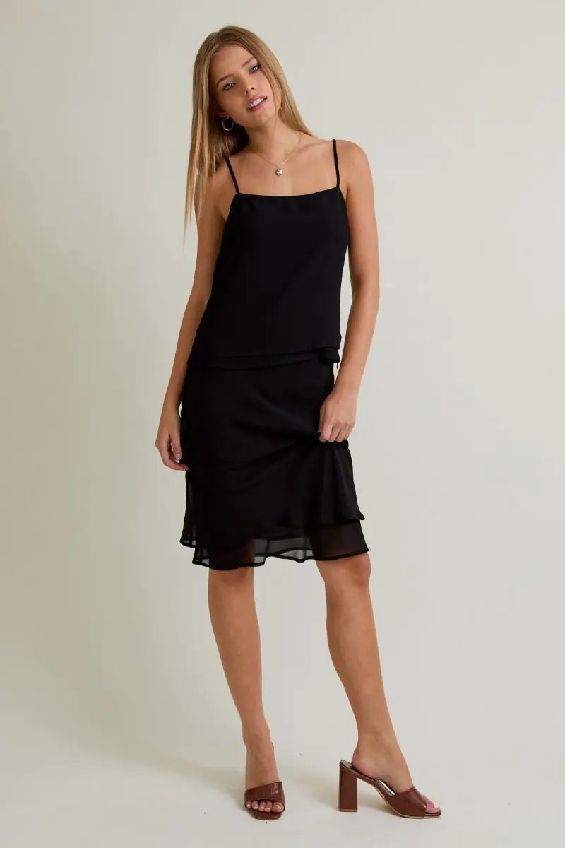 Conjunto de Dama Top Tirantes Doble Capa y Falda Midi Negro by Lelis Collection