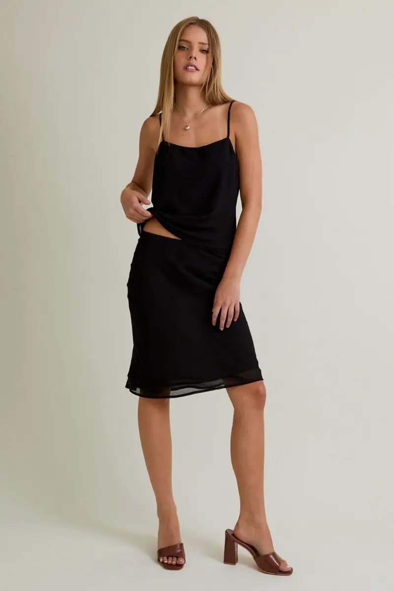 Conjunto de Dama Top Tirantes Doble Capa y Falda Midi Negro by Lelis Collection