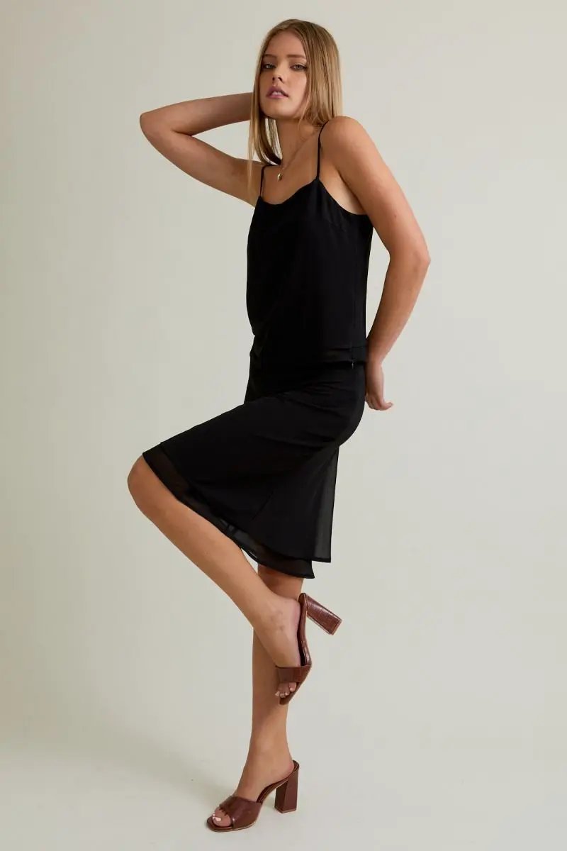 Conjunto de Dama Top Tirantes Doble Capa y Falda Midi Negro by Lelis Collection