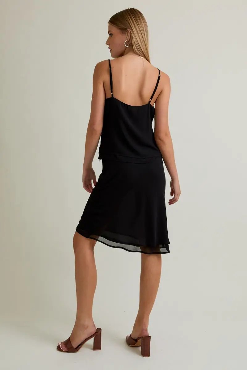 Conjunto de Dama Top Tirantes Doble Capa y Falda Midi Negro by Lelis Collection
