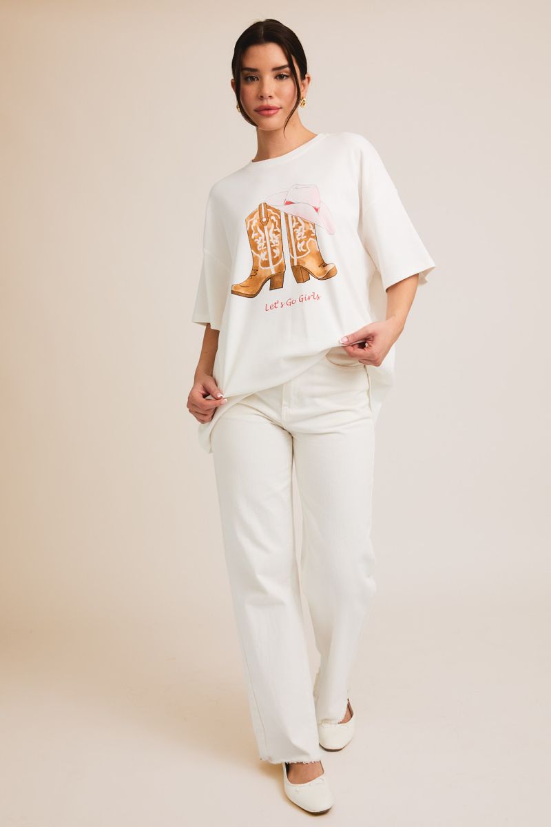Camiseta Oversized de Algodón con Estampado Western: Botas y Sombrero
