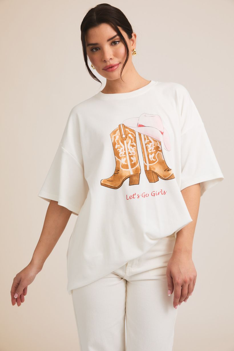 Camiseta Oversized de Algodón con Estampado Western: Botas y Sombrero