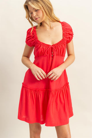 Vestido Corto Bohemio con Botones y Manga Abullonada