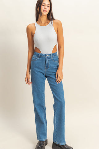 DZ23A836-5PCS-Jeans Vaqueros de Cintura Alta y Pierna Ancha - Moda Mujer