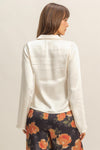 Blusa Beige Satinada Mujer Elegante Con Moño Frontal Cuello Camisero Manga Acampanada