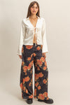 Blusa Beige Satinada Mujer Elegante Con Moño Frontal Cuello Camisero Manga Acampanada