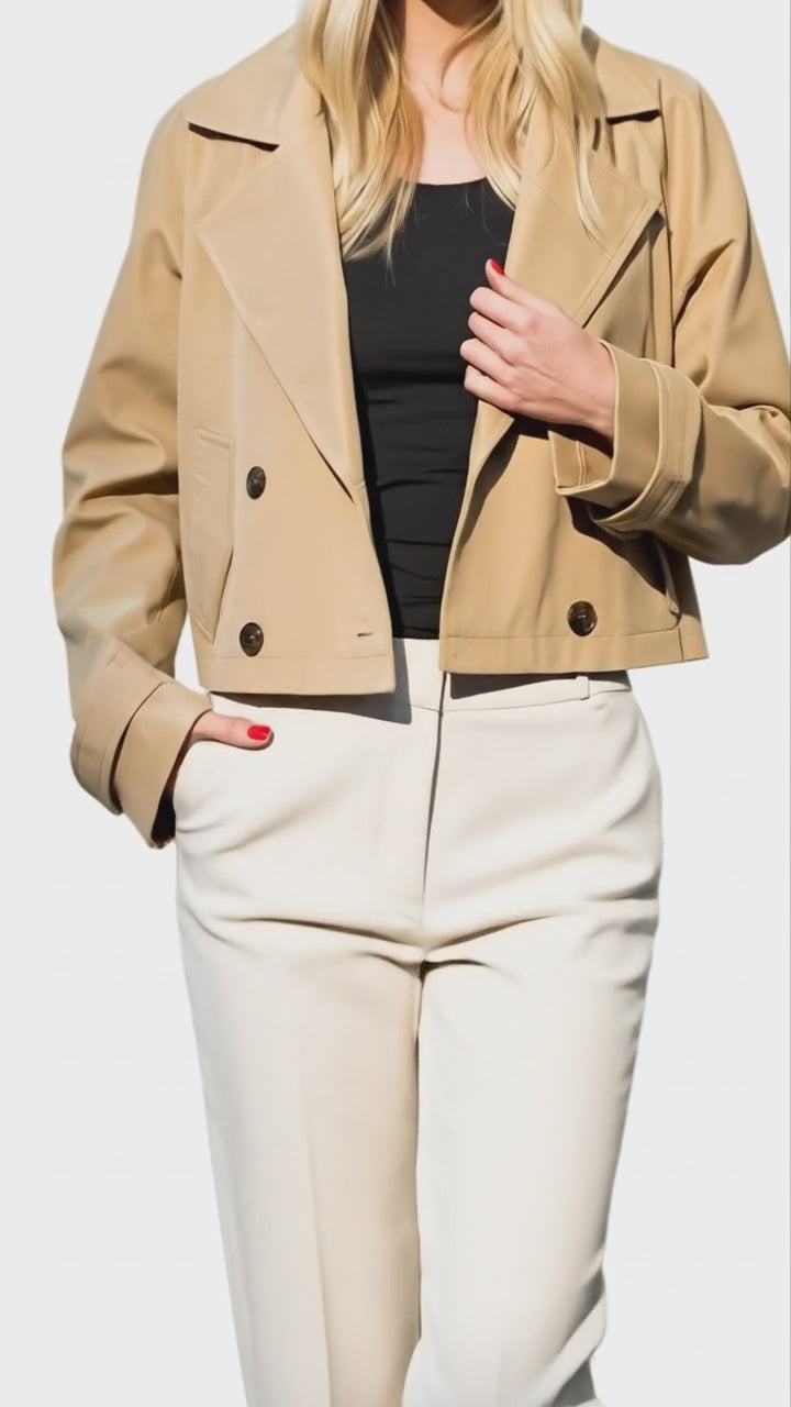 Blazer gabardina corta Chamarra estilo trench corta para mujer khaki