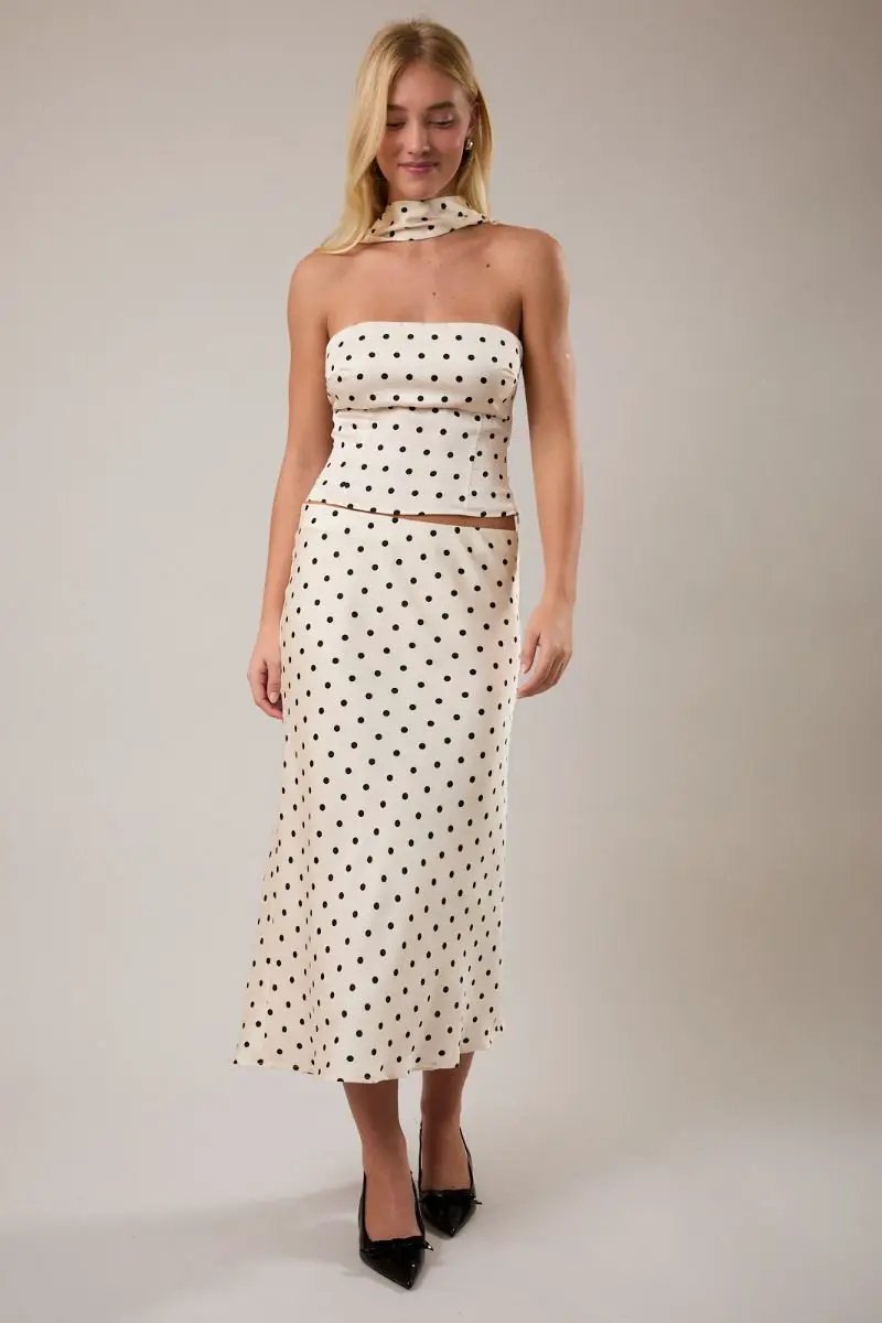 Falda Larga Beige Estampado Lunares Tiro Medio - Elegancia Femenina by Lelis Collection