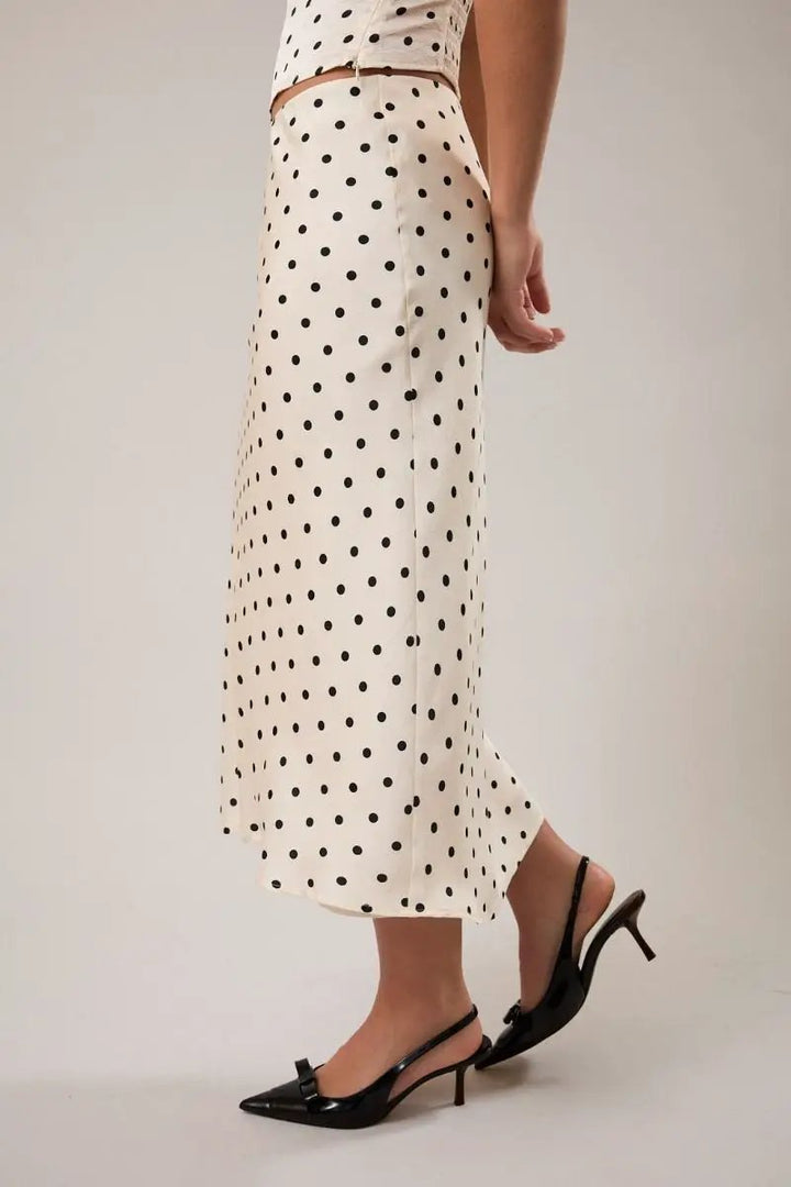 Falda Larga Beige Estampado Lunares Tiro Medio - Elegancia Femenina by Lelis Collection