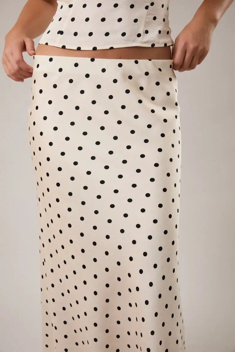 Falda Larga Beige Estampado Lunares Tiro Medio - Elegancia Femenina by Lelis Collection