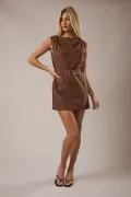Lelis Brown Boat Neck Waist Tie Mini Dress – Cotton Woven Sleeveless Dress - Dresses