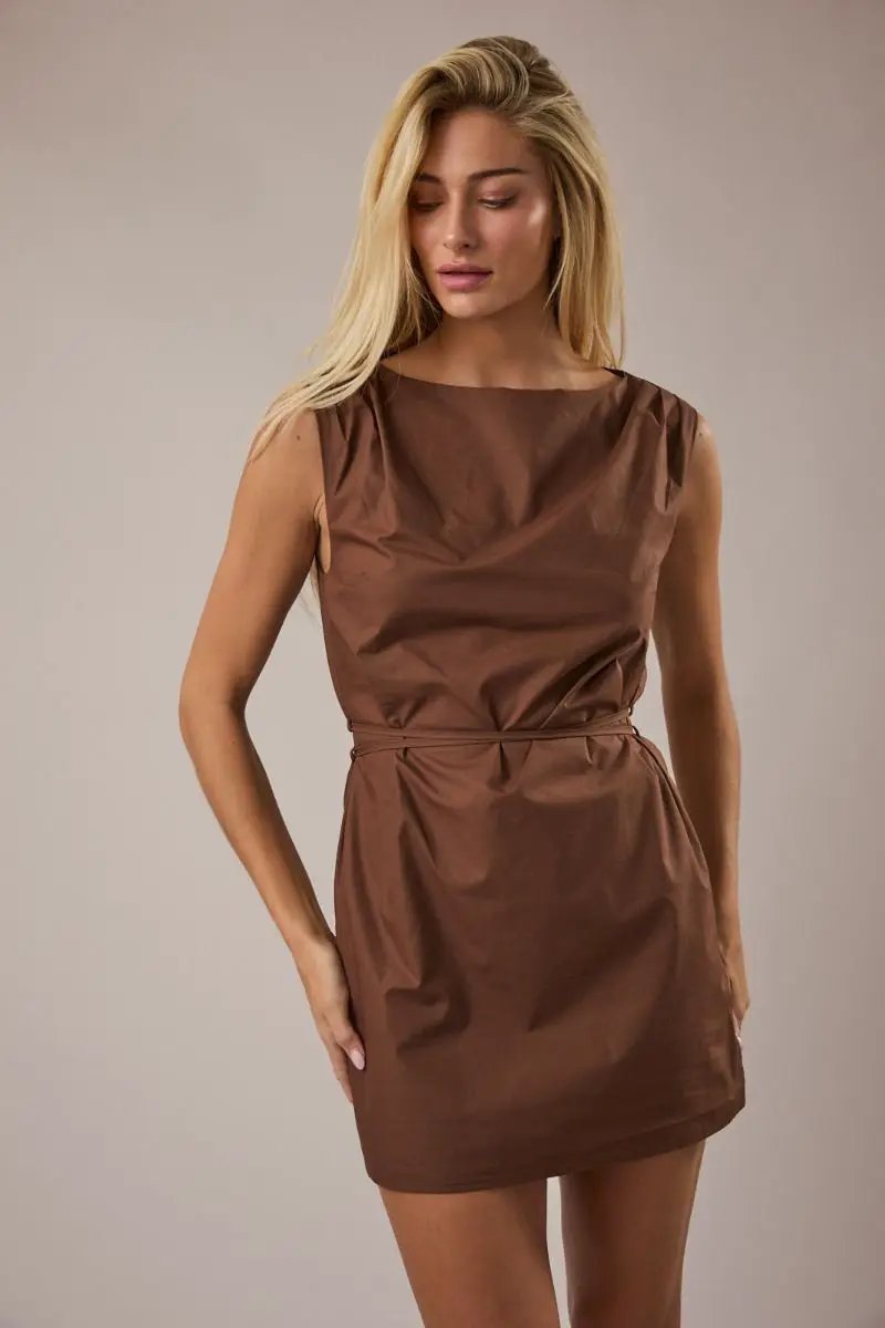 Lelis Brown Boat Neck Waist Tie Mini Dress – Cotton Woven Sleeveless Dress - Dresses