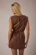 Lelis Brown Boat Neck Waist Tie Mini Dress – Cotton Woven Sleeveless Dress - Dresses