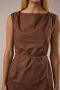 Lelis Brown Boat Neck Waist Tie Mini Dress – Cotton Woven Sleeveless Dress - Dresses