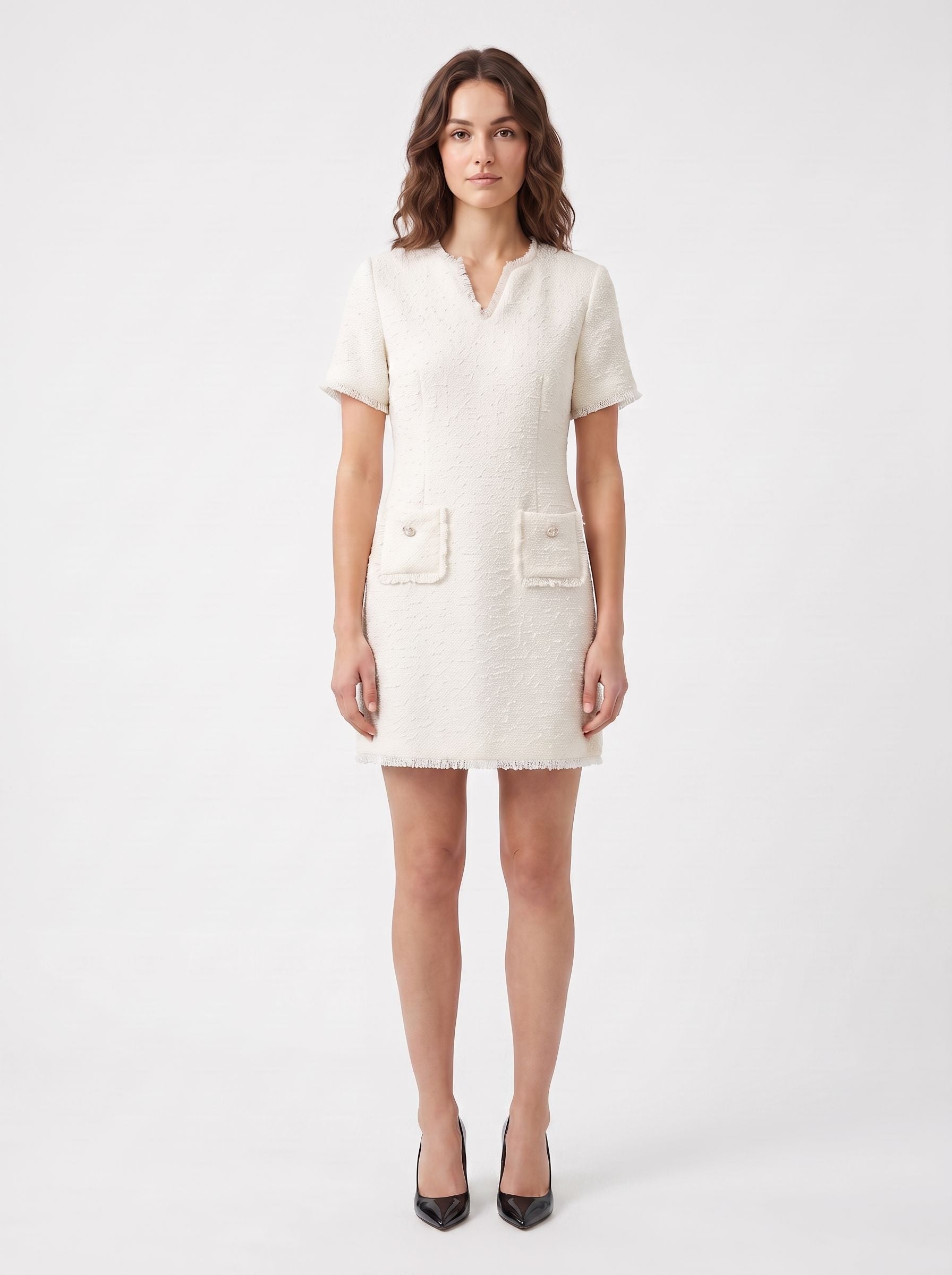 Studio photo of Vestido Corto Beige Con Manga Corta Y Estilo Recto Ideal Para Verano Y Ocasiones Especiales in Edit: no pants under it its a dress add heels