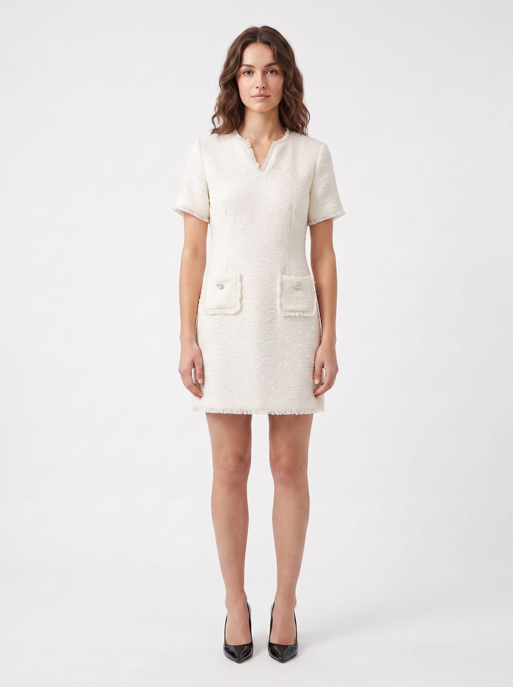 Studio photo of Vestido Corto Beige Con Manga Corta Y Estilo Recto Ideal Para Verano Y Ocasiones Especiales in Edit: no pants under it its a dress add heels