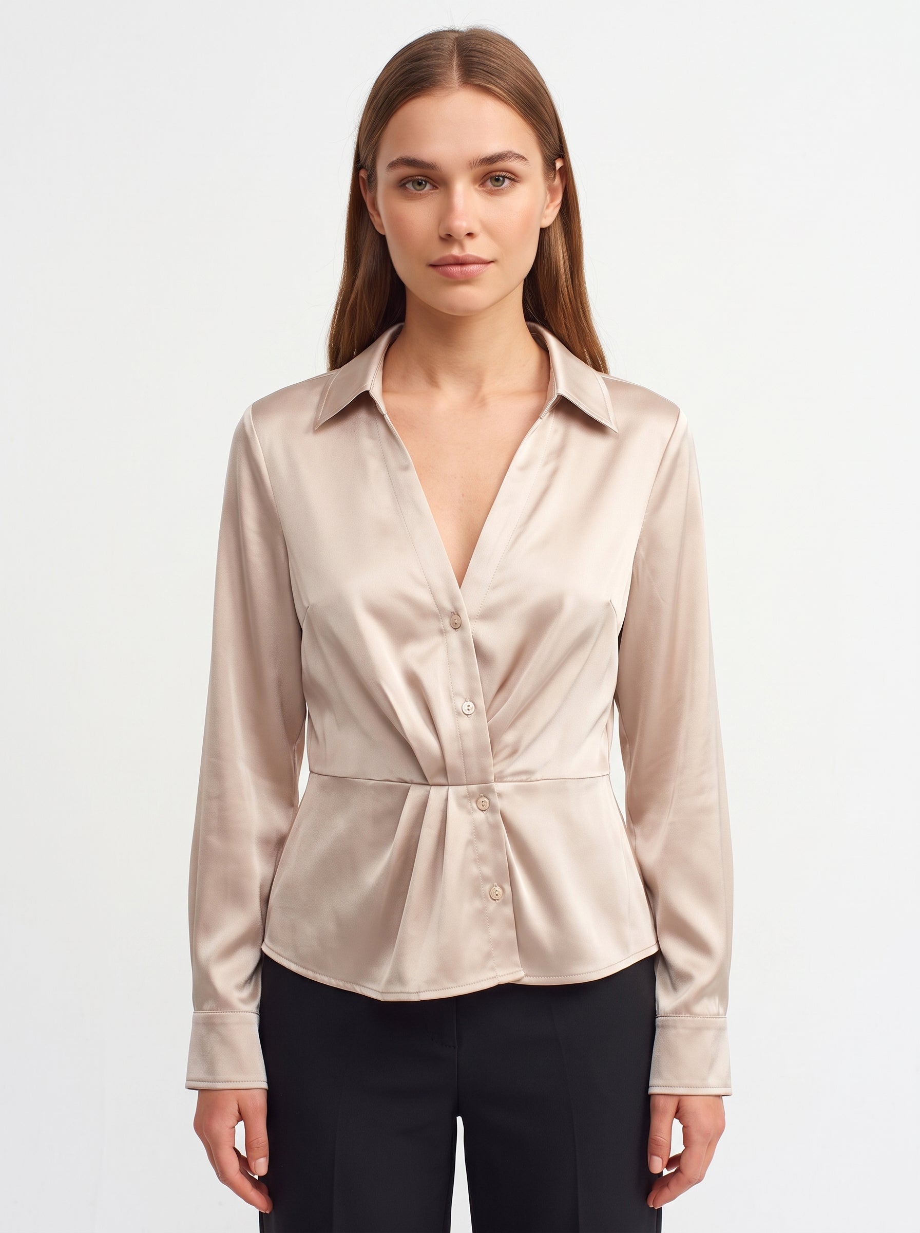 Studio photo of Blusa de Satín para Dama con Escote Cruzado y Botones Standing facing the camera, natural confident posture, arms relaxed at sides, front view, full body visible. CAMERA SHOT: A FULL BODY shot capturing the person from head to toe. [Upper body focus]