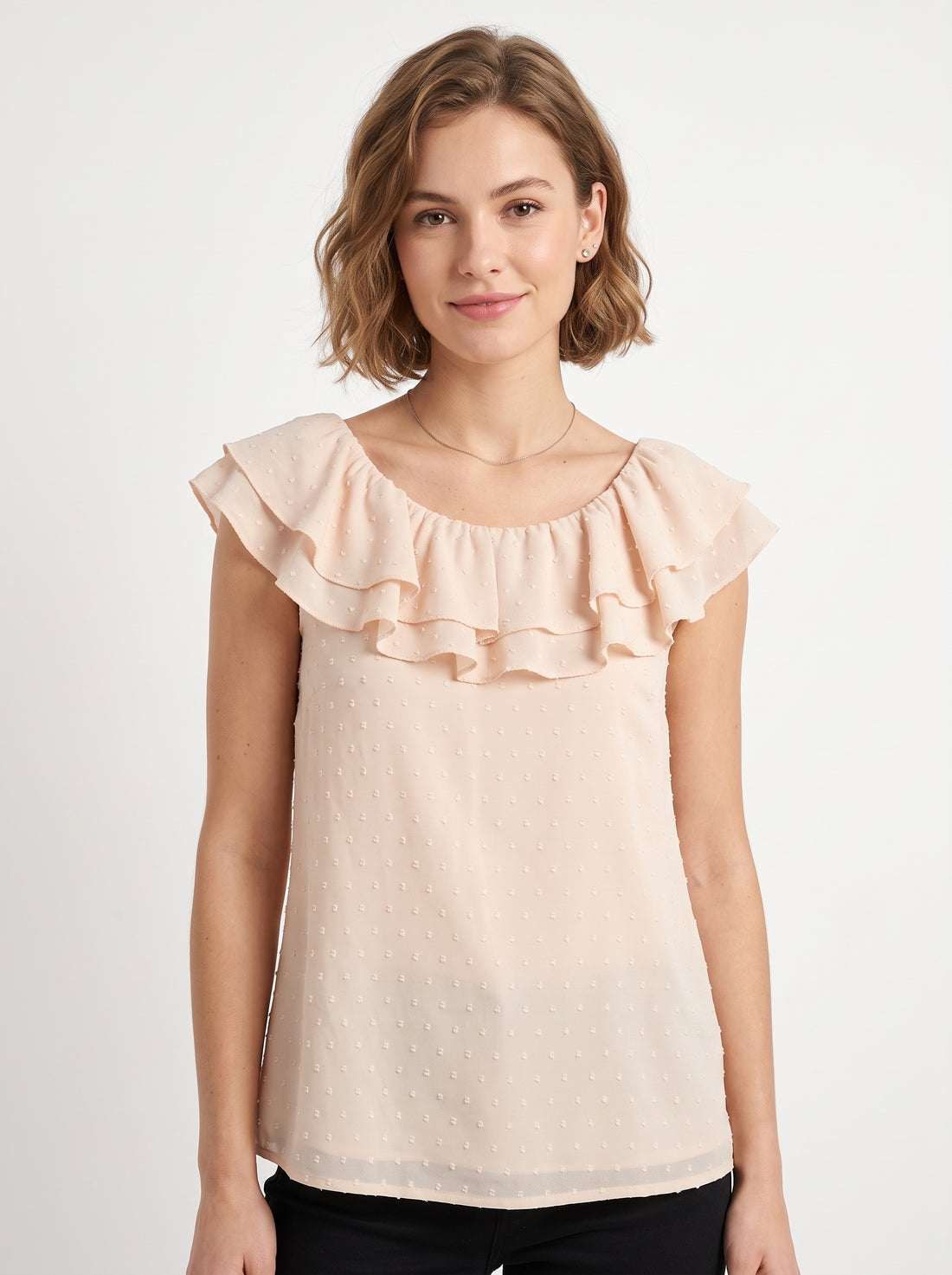 Studio photo of Vestido Beige Mujer Elegante Midi Con Manga Larga Cuello Redondo Ideal Para Fiesta O Diario Upper body shot from chest up, facing camera, natural expression, shoulders relaxed. CAMERA SHOT: A FULL BODY shot capturing the person from head to toe. [Upper body focus]