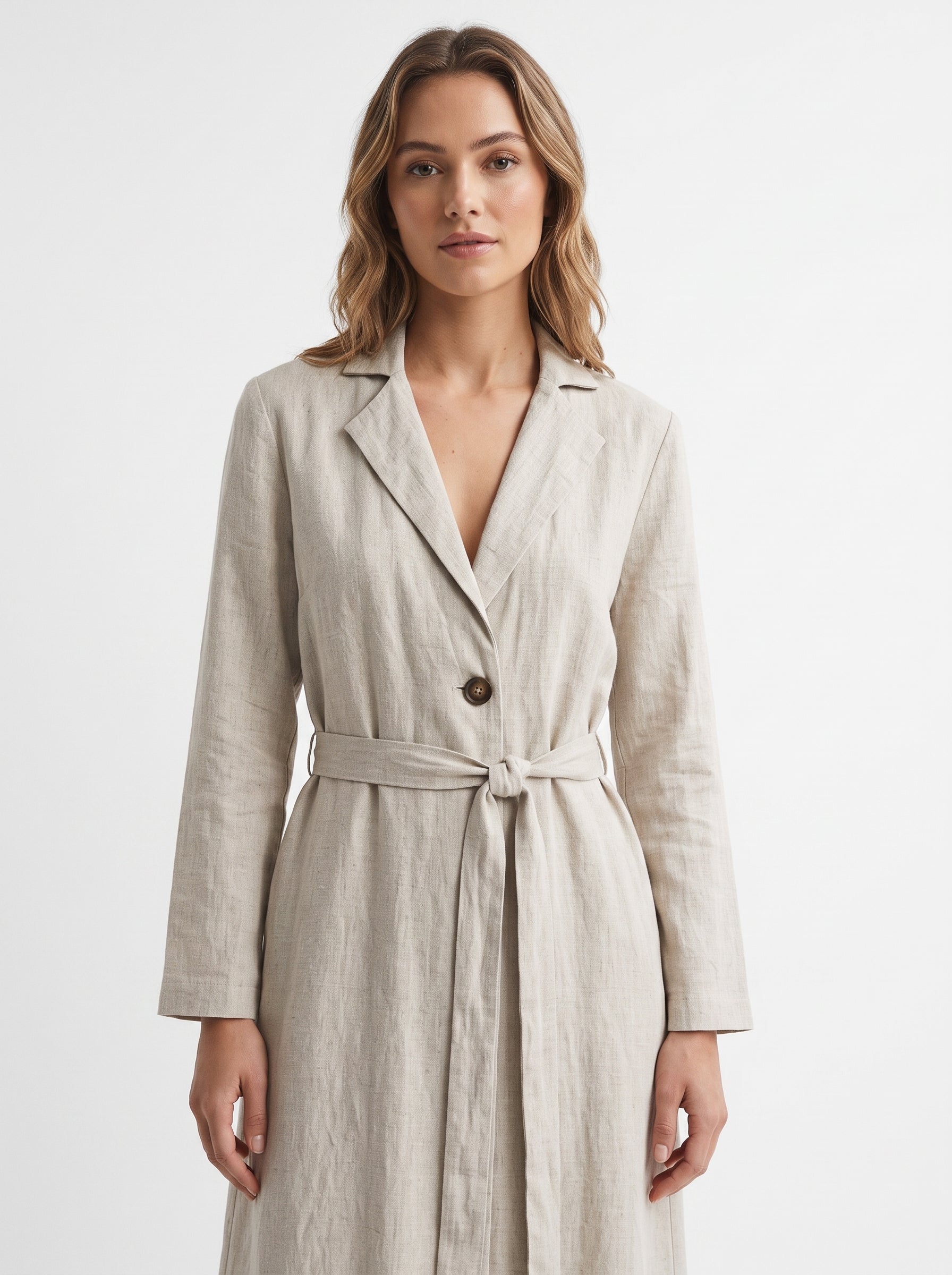 Studio photo of Vestido Beige Manga Larga Para Mujer Elegante Y Versátil Ideal Para Ocasiones Formales Y Casuales Upper body shot from chest up, facing camera, natural expression, shoulders relaxed. CAMERA SHOT: A FULL BODY shot capturing the person from head to toe. [Upper body focus]