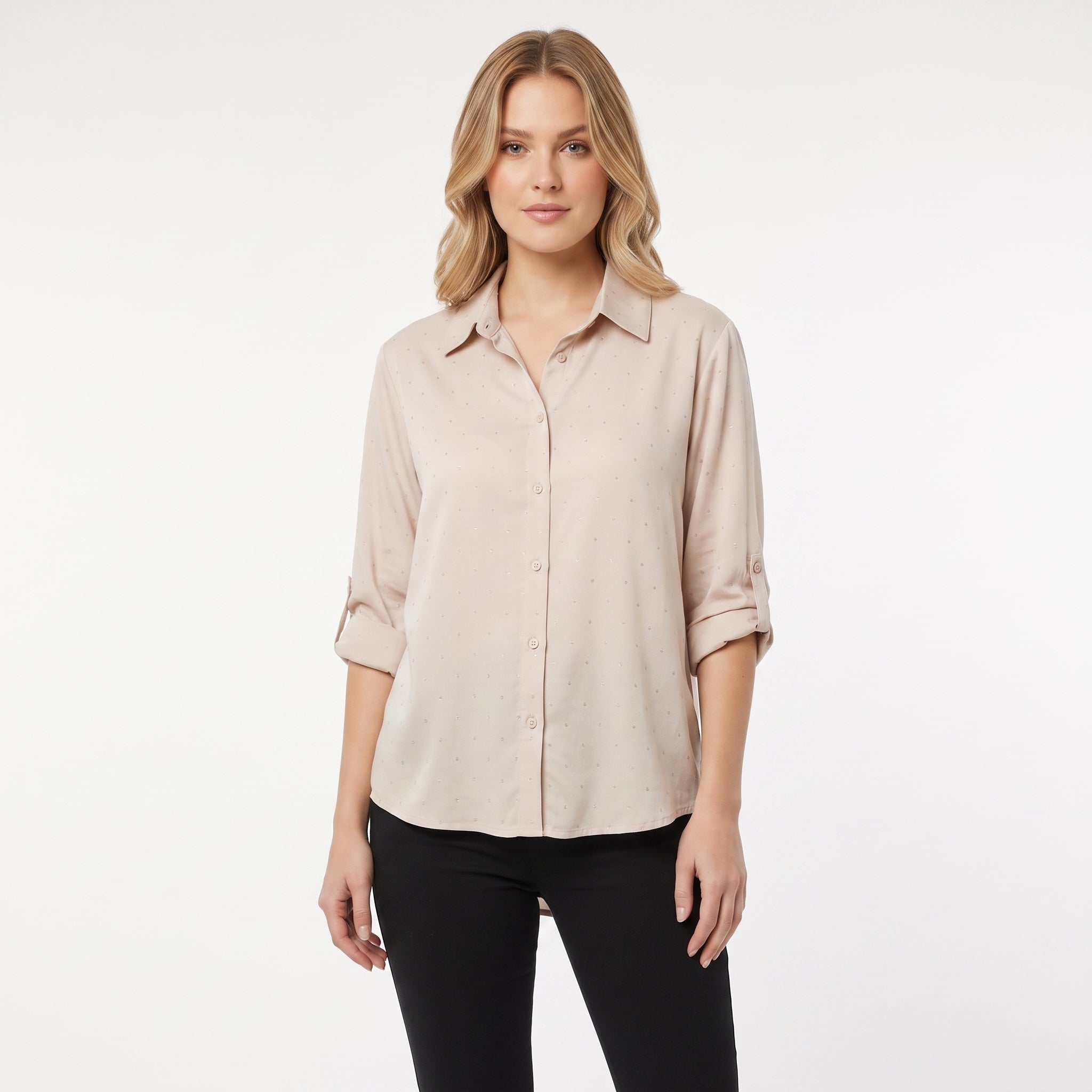 Studio photo of Blusa Satén Manga Larga con Brillos Standing facing the camera, natural confident posture, arms relaxed at sides, front view, full body visible. CAMERA SHOT: A FULL BODY shot capturing the person from head to toe. [Upper body focus]