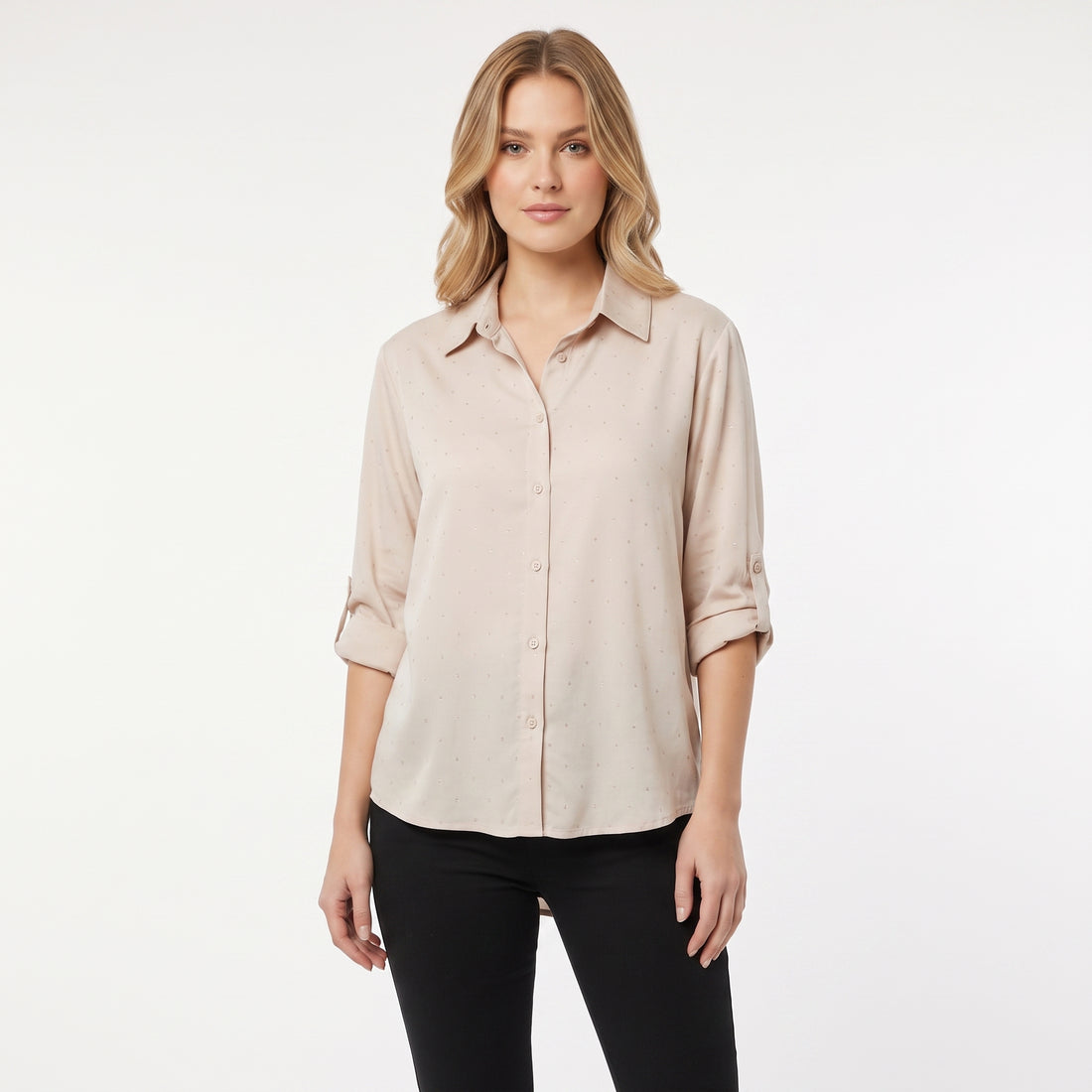 Studio photo of Blusa Satén Manga Larga con Brillos Standing facing the camera, natural confident posture, arms relaxed at sides, front view, full body visible. CAMERA SHOT: A FULL BODY shot capturing the person from head to toe. [Upper body focus]