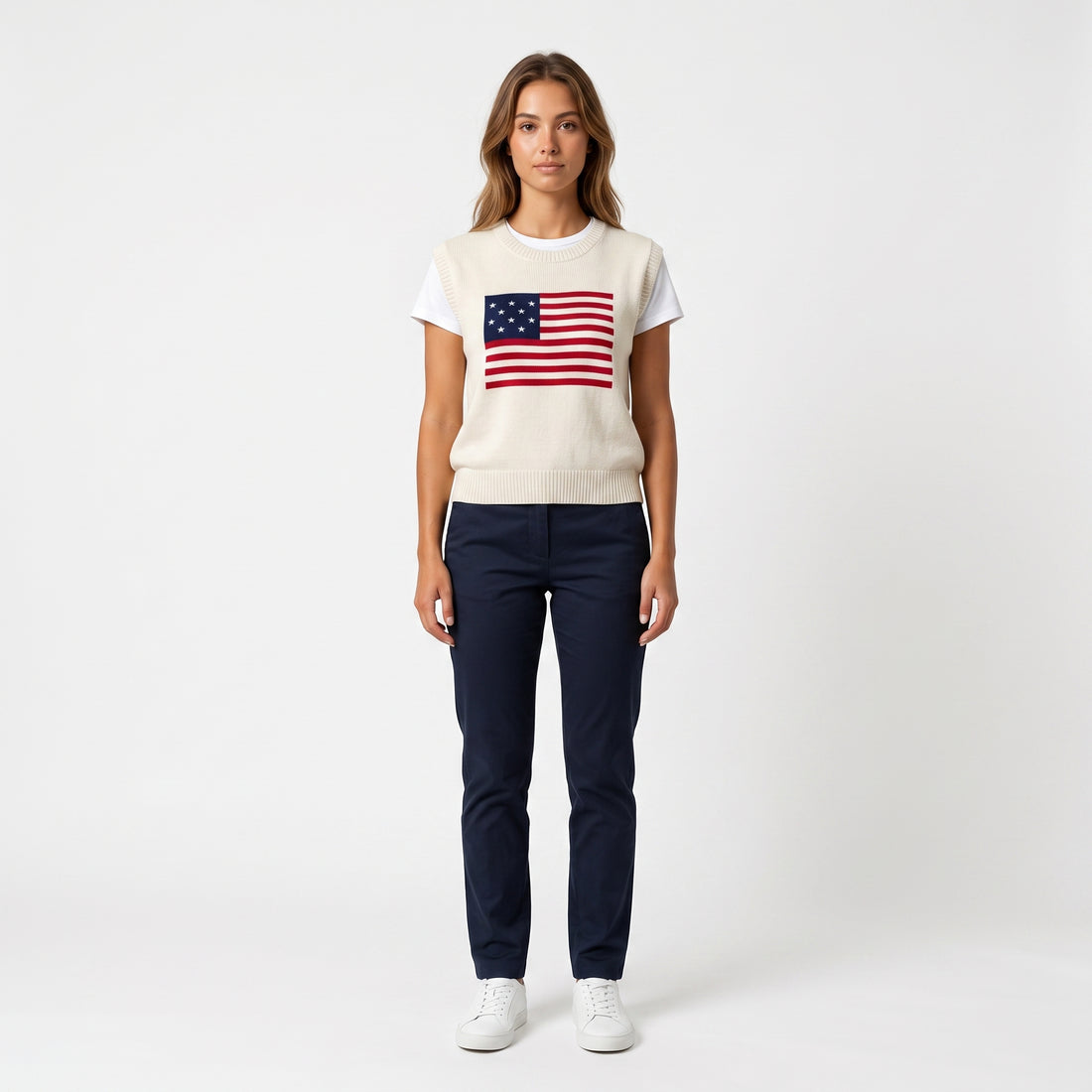 Studio photo of Blusa tejida Standing facing the camera, natural confident posture, arms relaxed at sides, front view, full body visible. CAMERA SHOT: A FULL BODY shot capturing the person from head to toe. [Full body]