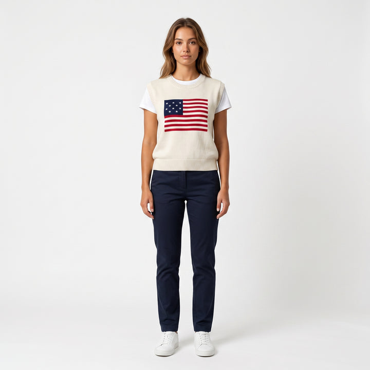 Studio photo of Blusa tejida Standing facing the camera, natural confident posture, arms relaxed at sides, front view, full body visible. CAMERA SHOT: A FULL BODY shot capturing the person from head to toe. [Full body]
