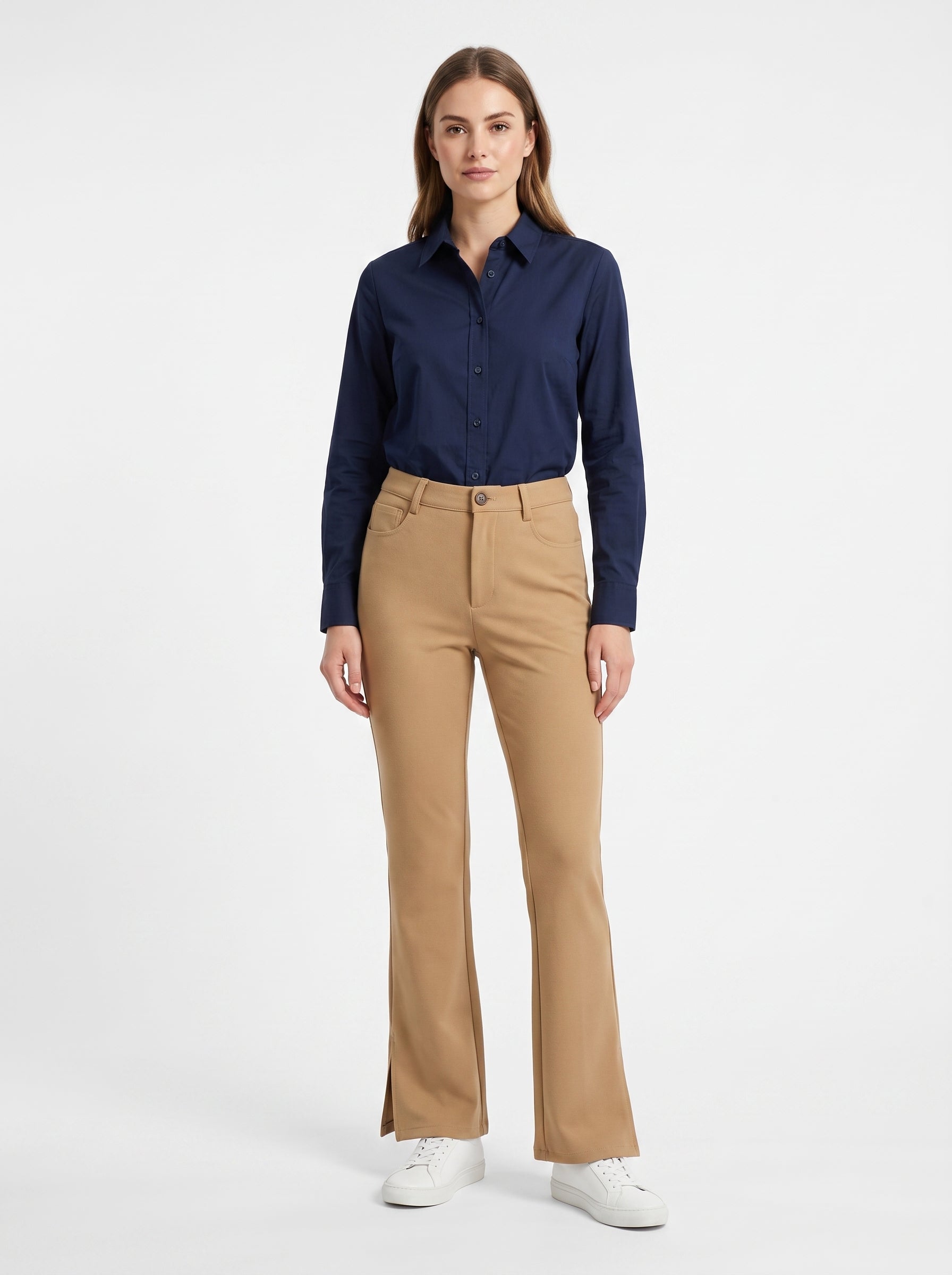 Studio photo of Pantalón kaki Lower body shot from waist down, facing camera, showing pants/skirt front, legs straight. CAMERA SHOT: A FULL BODY shot capturing the person from head to toe. [Full body]