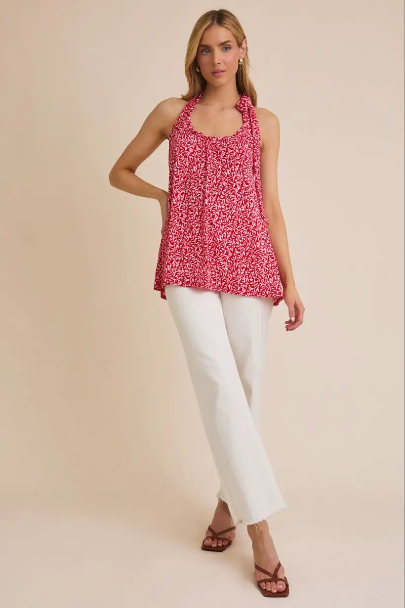 Gilli Round Neck Sleeveless Bow Halter Top – Flowy Printed Summer Blouse - Tops