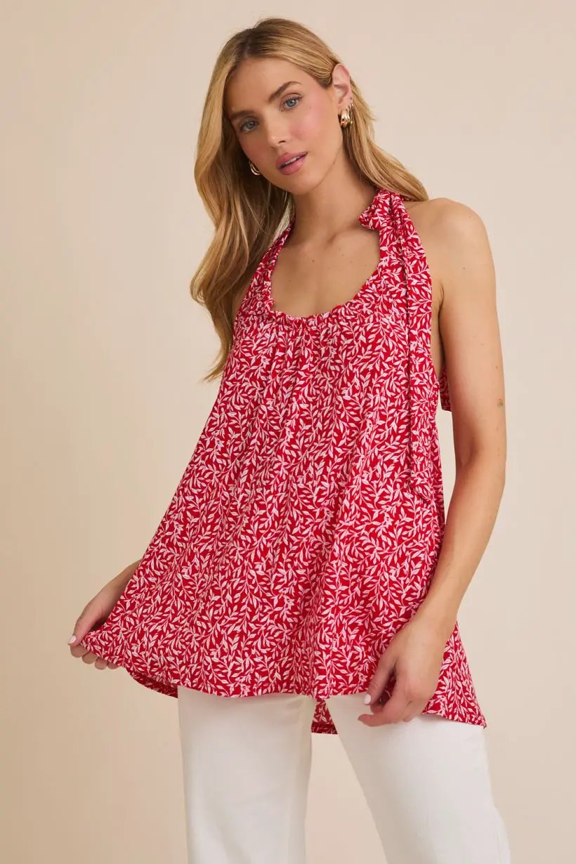 Gilli Round Neck Sleeveless Bow Halter Top – Flowy Printed Summer Blouse - Tops