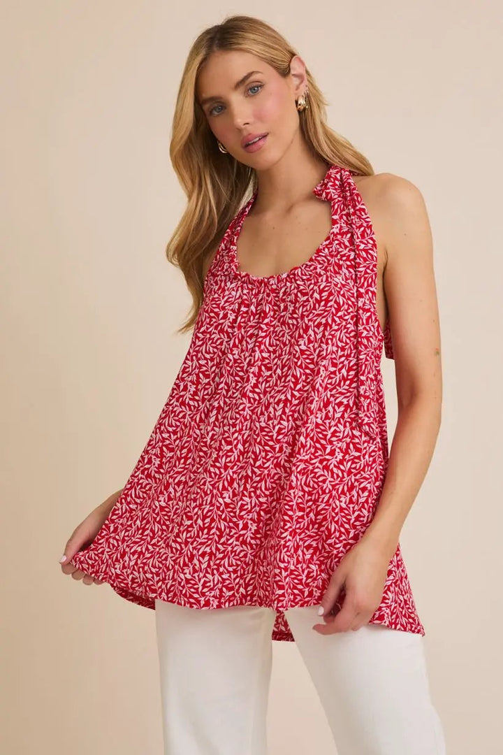 Gilli Round Neck Sleeveless Bow Halter Top – Flowy Printed Summer Blouse - Tops