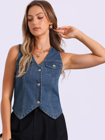 Chaleco de Mezclilla Sin Mangas para Mujer - Corte V con Botones