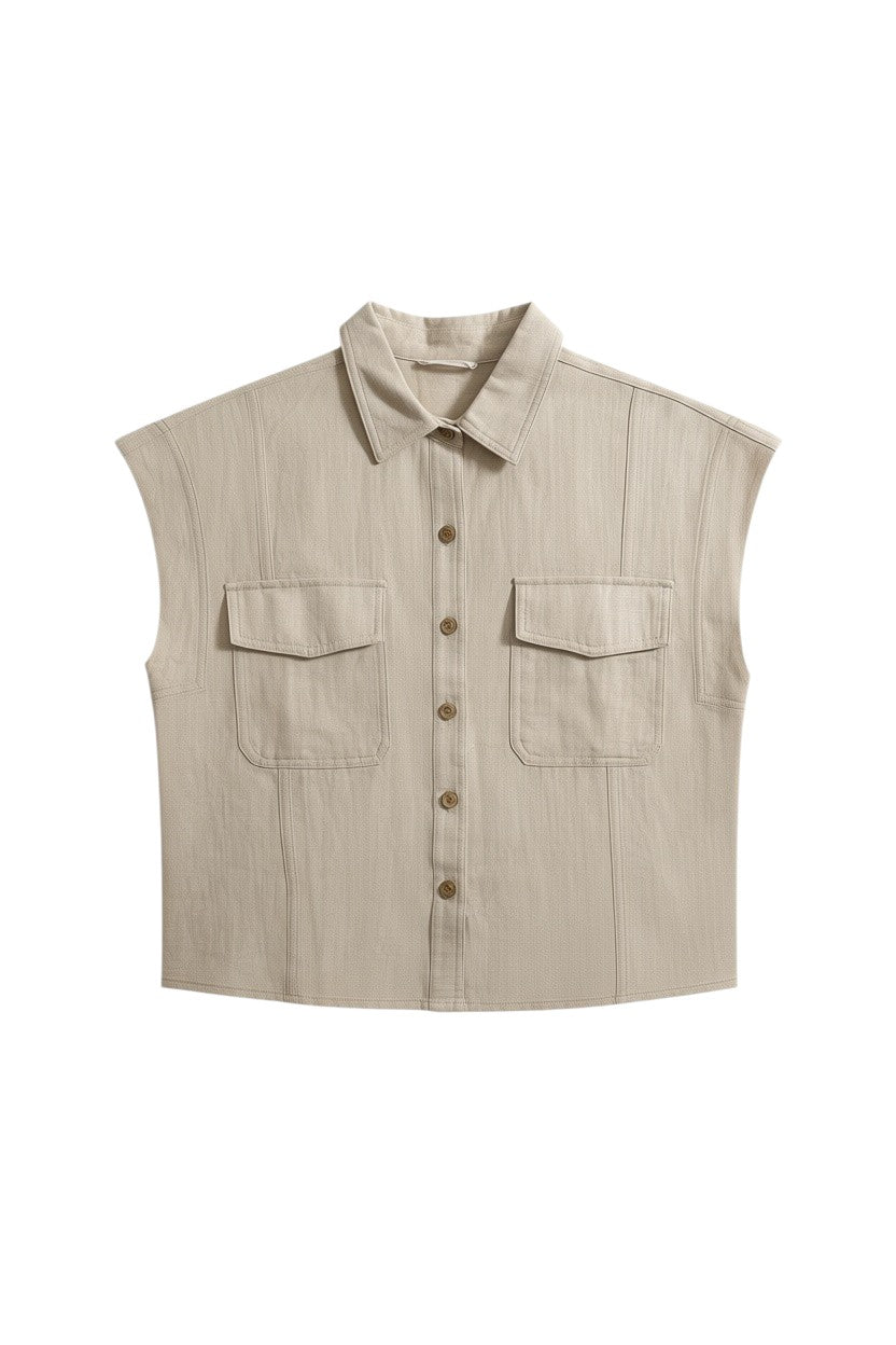 Beige Short Sleeve Button-Up Top with Pockets