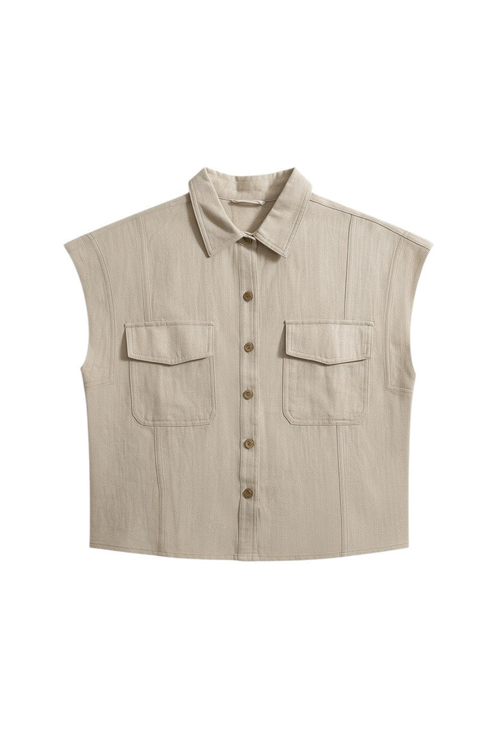 Beige Short Sleeve Button-Up Top with Pockets