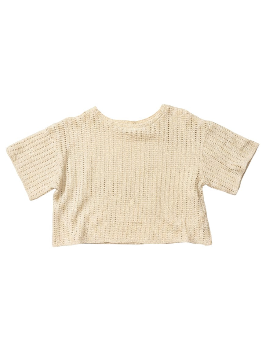 Cream Short Sleeve Crop Top with Knit Texture