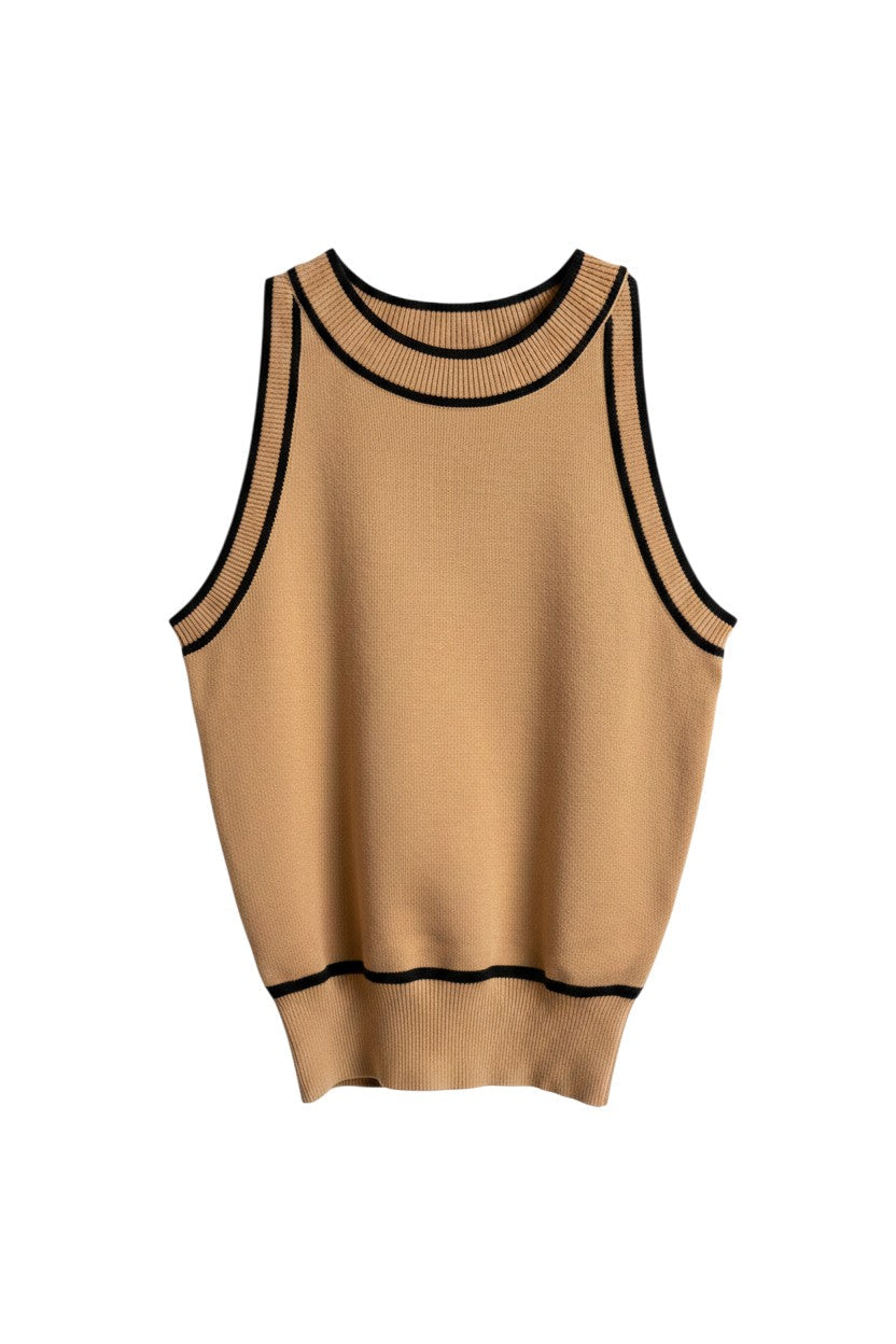 Beige Sleeveless Knit Top with Contrast Trim