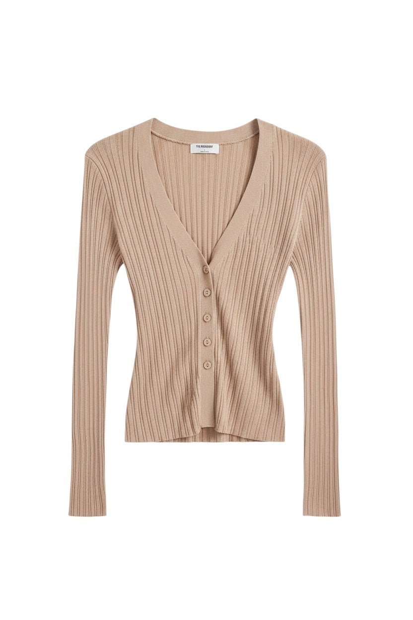 Beige Ribbed Long Cardigan with Buttons